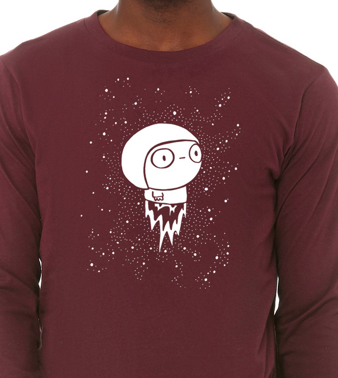 Close up of drift long sleeve t shirt minimalist astronaut floating in space stars calm graphic tee.