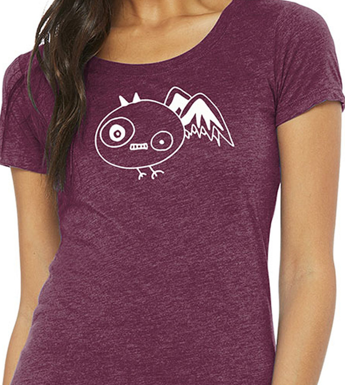 Close up of mountain bat t shirt minimalist bat with wings shaped like mountains women's fitted graphic tee.