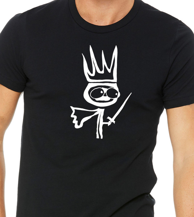 close up of reluctant king t shirt minimalist fantasy character with crown and sword graphic tee.