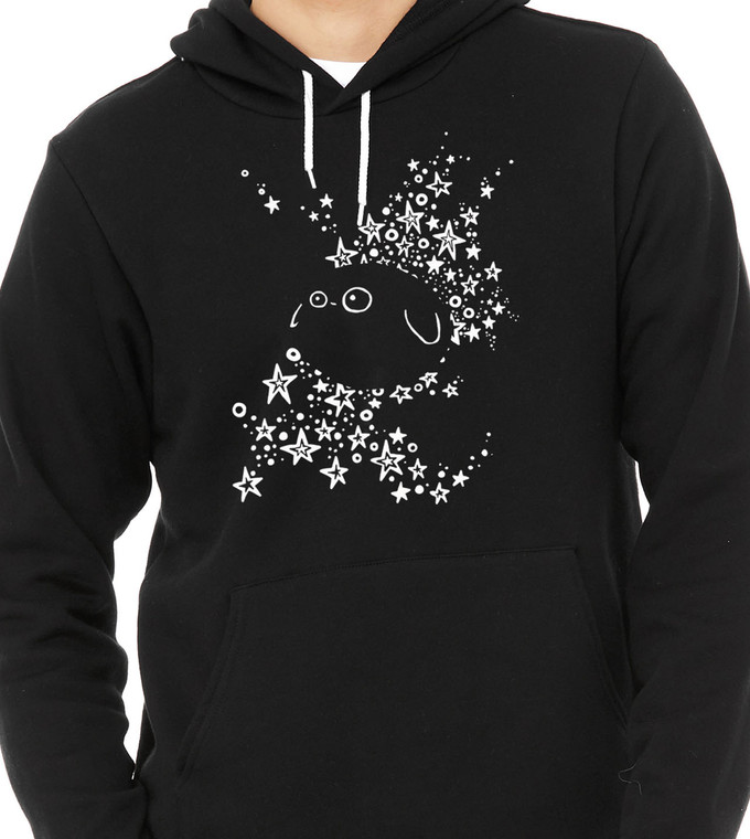 Close up of cosmic creature hoodie stars forming ghost shape minimalist design
