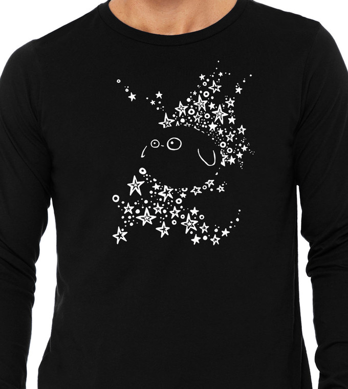 Close up of galaxy star shirt abstract alien figure.
