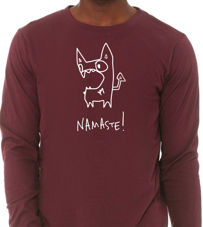 Close up of funny namaste monster t shirt cute weird yoga graphic tee. Maroon unisex long sleeve.