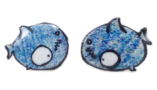 Handmade shark earrings tiny blue ocean animal stud earrings quirky jewelry Portland handmade.