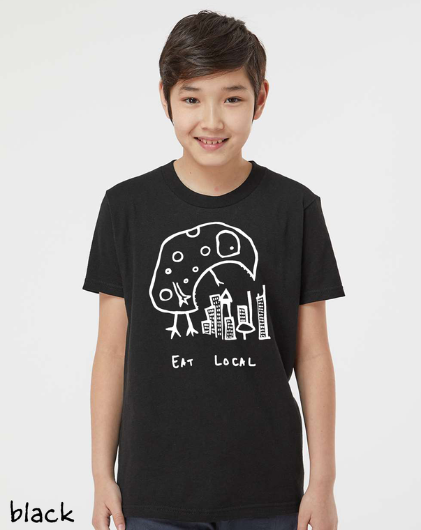 Youth wearing Eat Local monster tee black.
