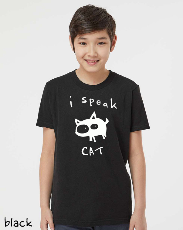 Youth wearing fun " Speak Cat" tee in black.