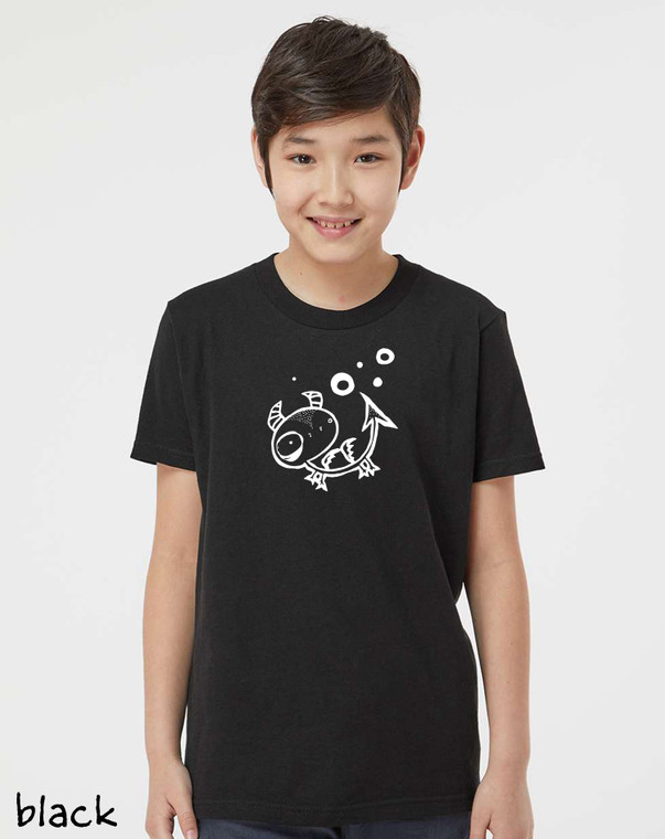 Youth wearing black minimalist meditating dragon t shirt cute fantasy creature with moons graphic tee.