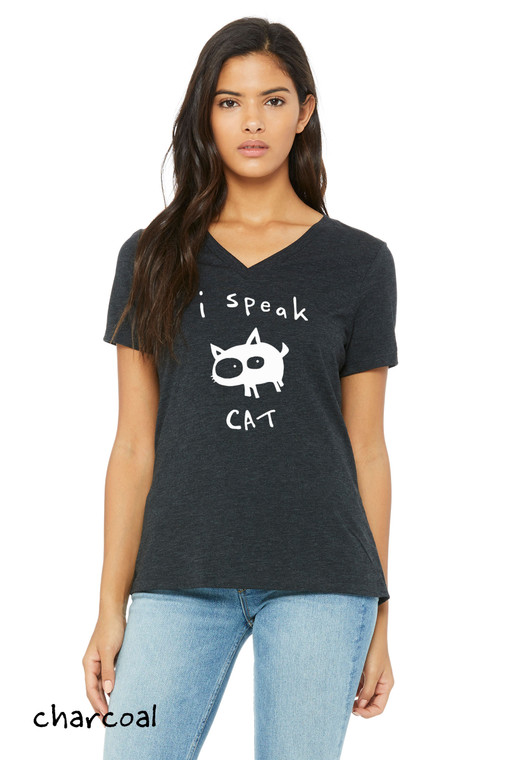 Model wearing whimsical "I Speak Cat" Women's Relaxed V Neck Tee in Charcoal by Portland brand Be Good Monster.