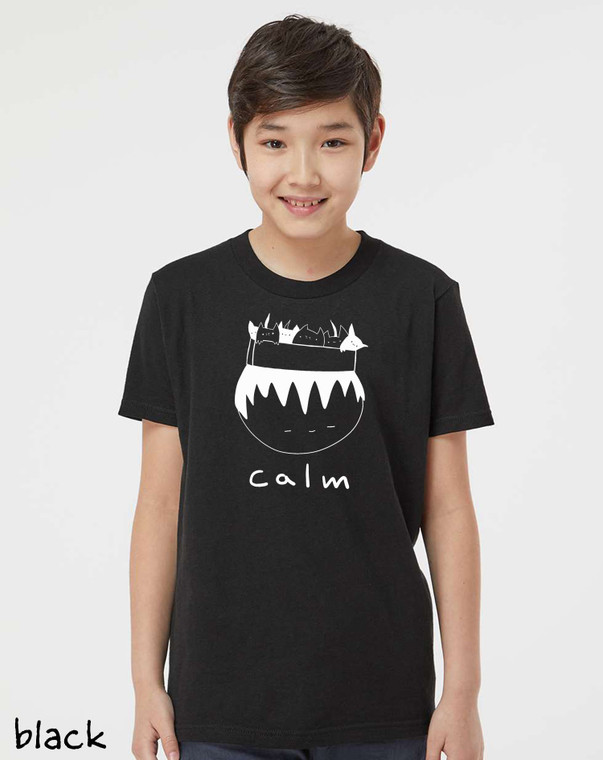 Funny calm cats black youth t shirt. Person with box of cats on head minimalist graphic tee.