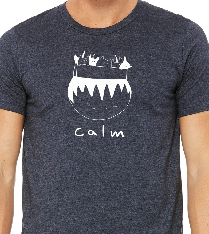 Close up of funny calm cats t shirt person with box of cats on head minimalist graphic tee.