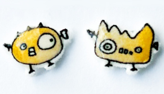 Handmade yellow monster earrings tiny character stud earrings super tiny monsters quirky jewelry Portland handmade.