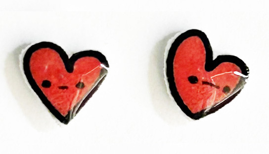Handmade red heart earrings tiny monster faces small valentine stud earrings cute quirky jewelry.