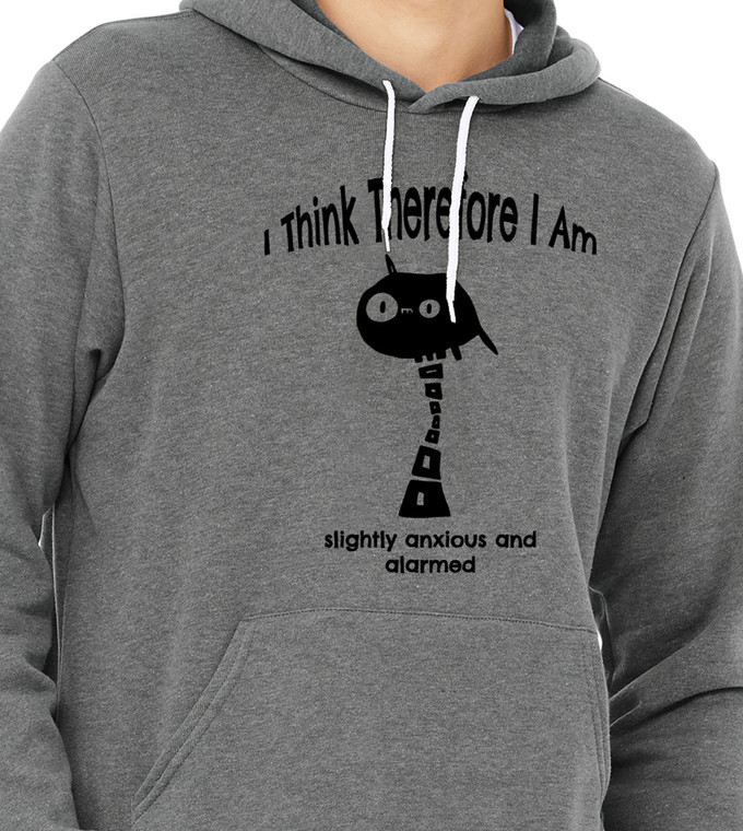 Close up of Cartoon monster with text “I Think Therefore I Am – slightly anxious and alarmed” printed on deep heather hoodie.