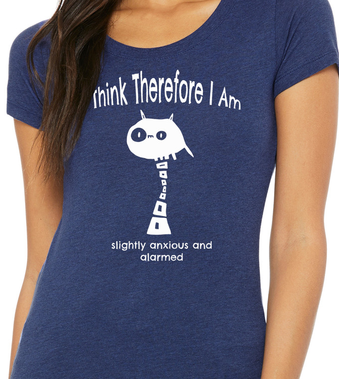 Model wearing navy Descartes 2026 monster philosophy t-shirt with white graphic illustration.