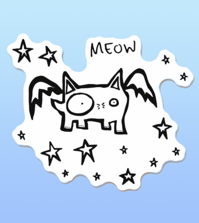 A black and white cartoon cat with wings surrounded by stars and the word “Meow” written above.