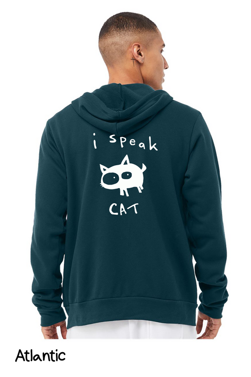 Model displaying the back of "I Speak Cat" Zip Hoodie by Portland brand Be Good Monster.