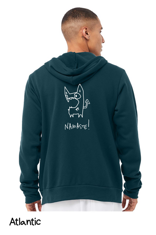 Back of funny namaste monster zip hoodie cute weird yoga graphic hoodie.