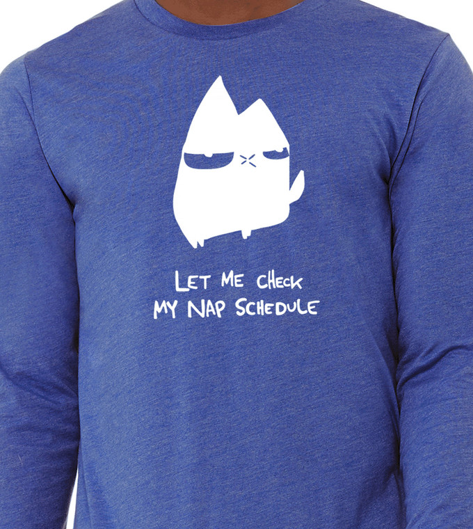 Funny black cat long sleeve t-shirt that says “Let Me Check My Nap Schedule” hand screen printed graphic tee heather true royal