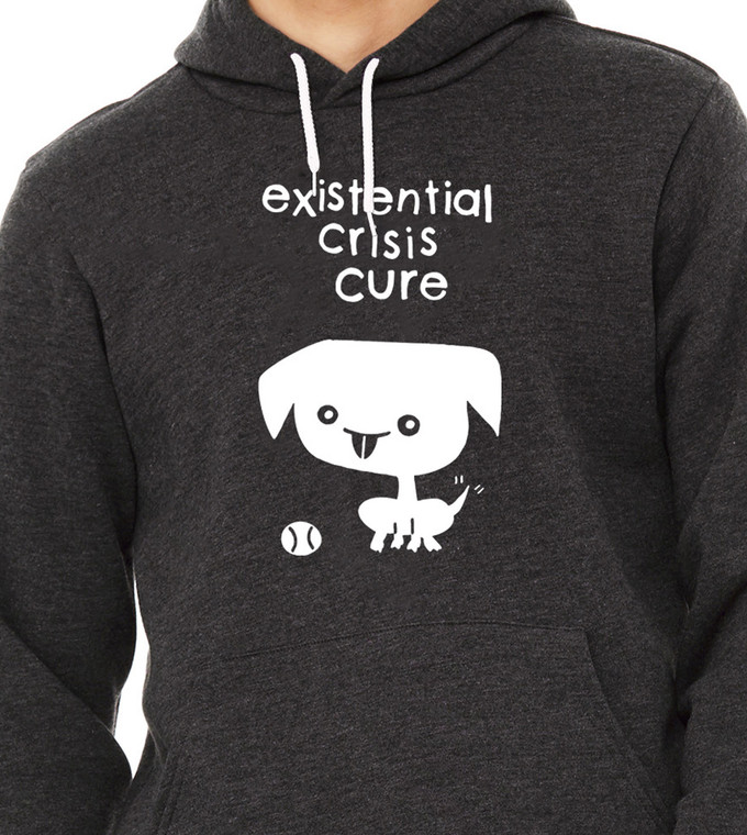 close up of Existential Crisis Cure cute dog with baseball graphic hoodie 