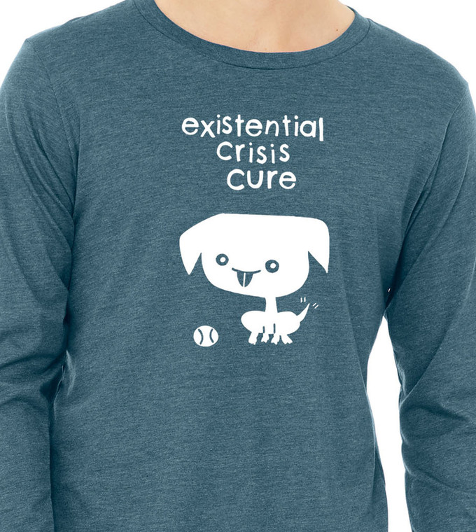 Close up of model wearing cute dog existential crisis cure long sleeve t-shirt. Hand printed by Be Good Monster. Color heather deep teal.
