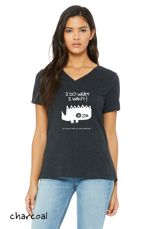 White cartoon monster with spikes and text “I Do What I Want (as long as that’s ok with everybody)” printed on charcoal graphic t-shirt.