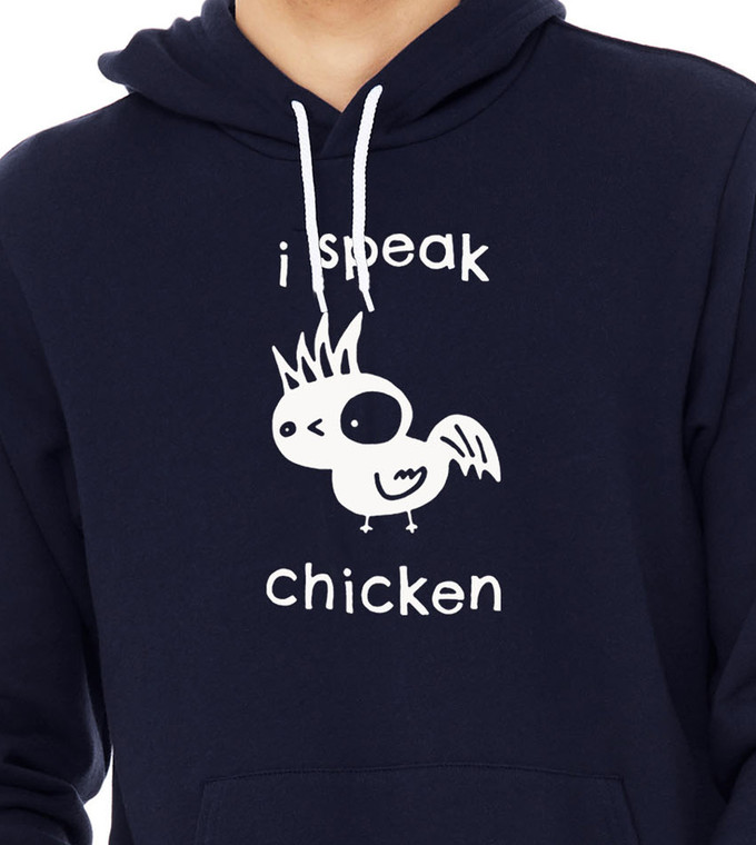 Close up of quirky animal humor shirt i speak chicken design.