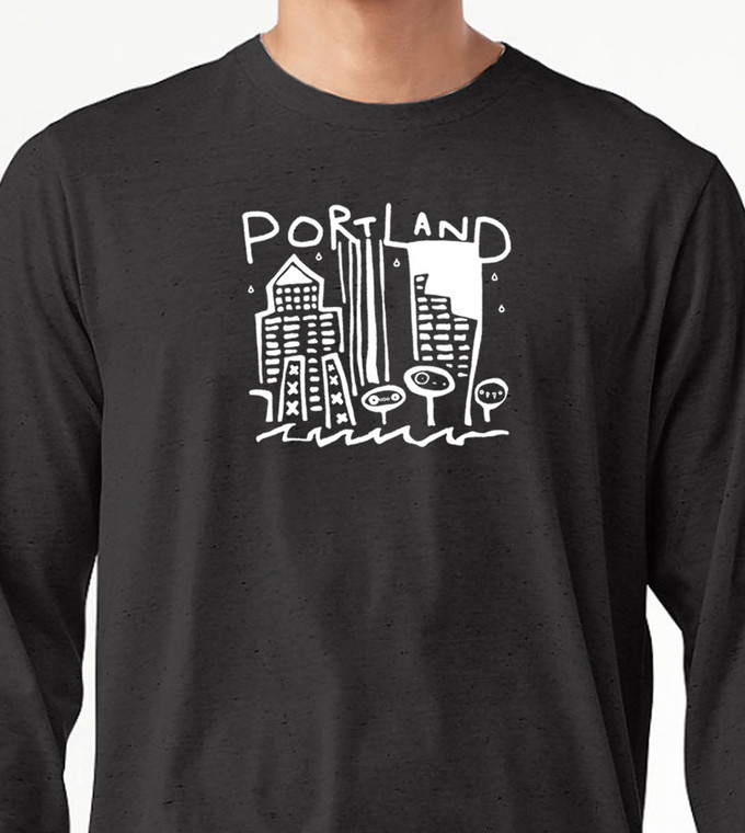 Close up of Portland Oregon skyline t shirt hand drawn pdx graphic tee minimalist city design.