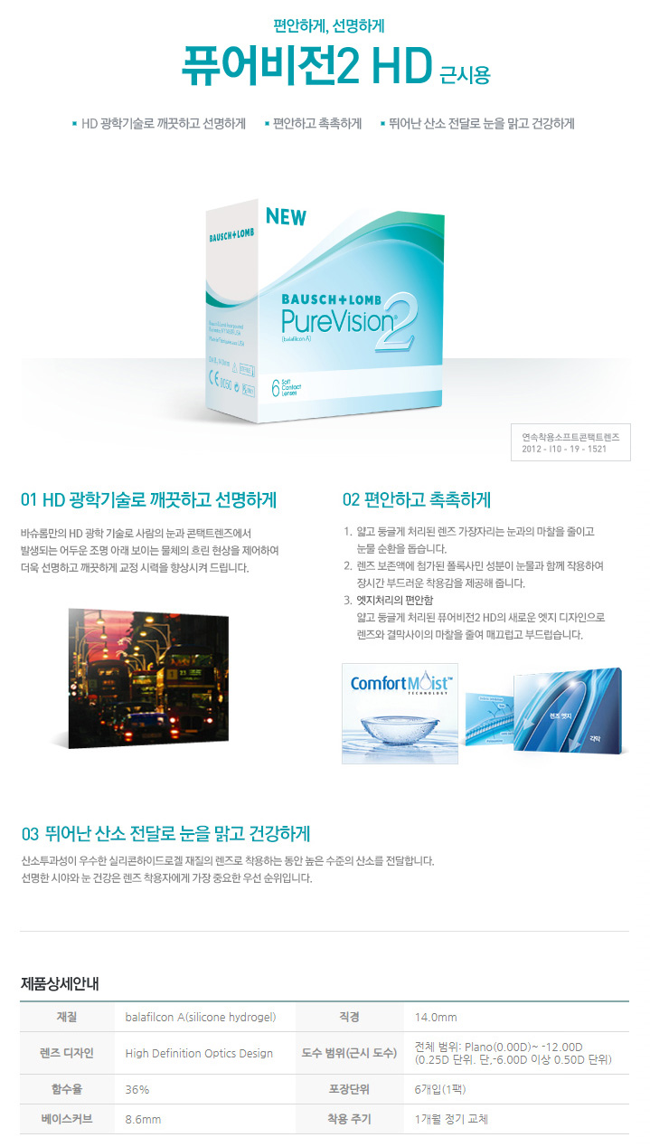 Baush&Lomb Pure Vision2 HD (6pcs) clear contact lens description image