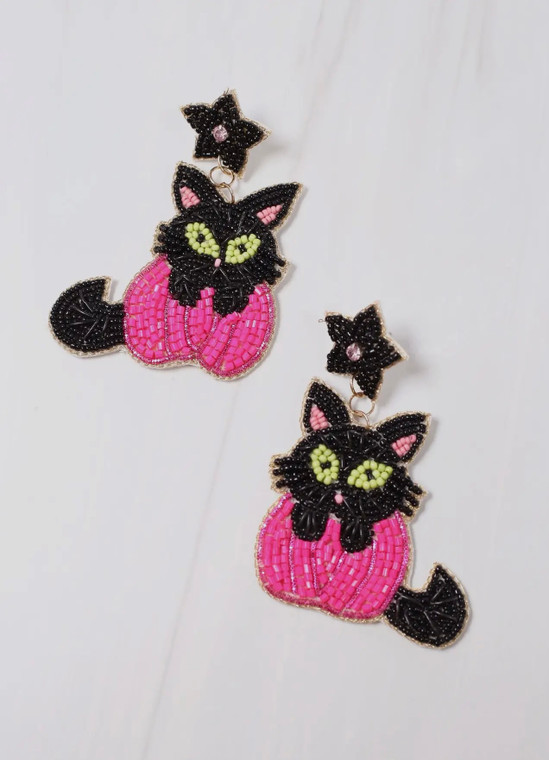 Bewitched Cat and Pumpkin Beaded earrings