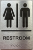 Signage Restroom/Unisex ADA Compliant  with Raised letters/Image & Grade 2 Braille - Includes Red Adhesive pad for Easy Installation ( Brushed Aluminum/silver) - The park Ave Line (Restroom)