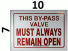This by-Pass Valve Must Always Remain Open Sign,
