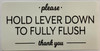 PLEASE HOLD LEVER DOWN TO FULLY FLUSH STICKER Signage