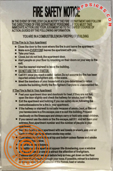 DOOR Fire Safety Notice -NON FIRE PROOF BUILDING