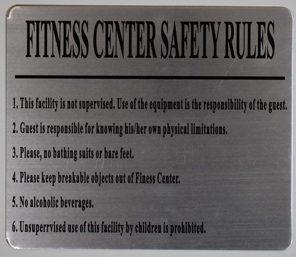FITNESS CENTER RULES - USE EQUIPMENT AT YOUR OWN RISK - CONSULT YOUR PHYSICIAN BEFORE BEGINNING ANY EXERCISE - USE THE EQUIPMENT ONLY FOR ITS INTENDED PURPOSE PLEASE WIPE OFF EQUIPMENT AFTER USE - APPROPRIATE FITNESS ATTIRE MUST BE WORN - DO NOT EXERCISE WHILE IMPAIRED BY ALCOHOL OR DRUGS - 20 MINUTE LIMIT PER STATION WHEN OTHERS ARE WAITING - NO EATING OR GLASS CONTAINERS IN FITNESS AREA - DO NOT DROP WEIGHT - RETURN OR REMOVE WEIGHT WHEN YOU ARE DONE - NO LOUD NOISES OR GRUNTING SIGN