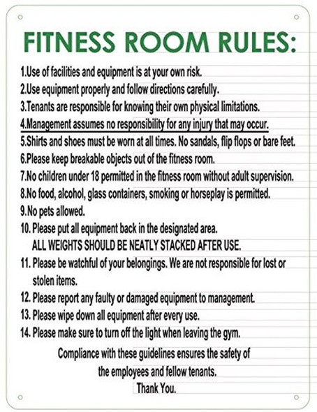 FITNESS ROOM RULES SIGN- WHITE BACKGROUND