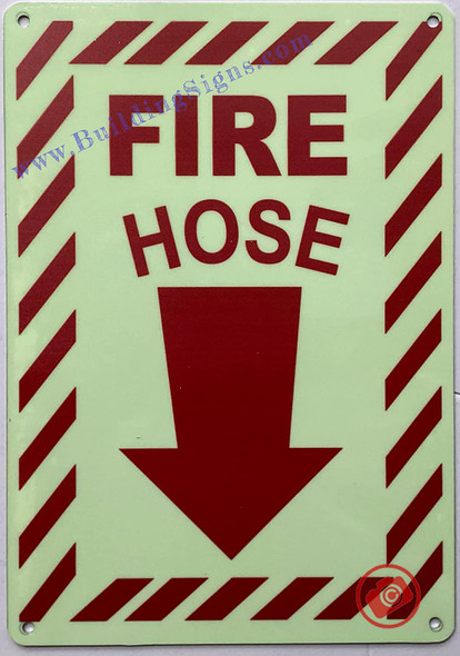 Photoluminescent Fire Hose Arrow Down Signage