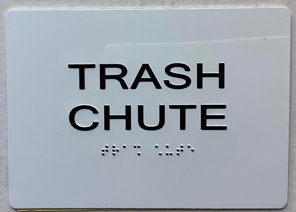 Sign TRASH CHUTE  with Raised letters/Image & Grade 2 Braille - Includes Red Adhesive pad for Easy Installation (white, Tacticle ) - The sensation line