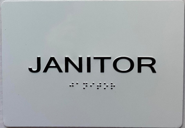 Sign Janitor Closet  with Raised letters/Image & Grade 2 Braille - Includes Red Adhesive pad for Easy Installation (white, Tacticle ) - The sensation line