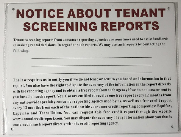 SIGNS NOTICE ABOUT TENANT SCREENING REPORTS (ALUMINUM