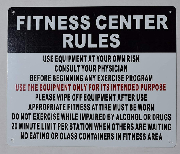 Fitness Center Rules Sign-Horizontal (White,Aluminium 10x12)-(ref062020)