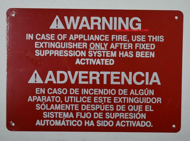 Warning in CASE of Appliance FIRE, USE This Extinguisher ONLY Sign