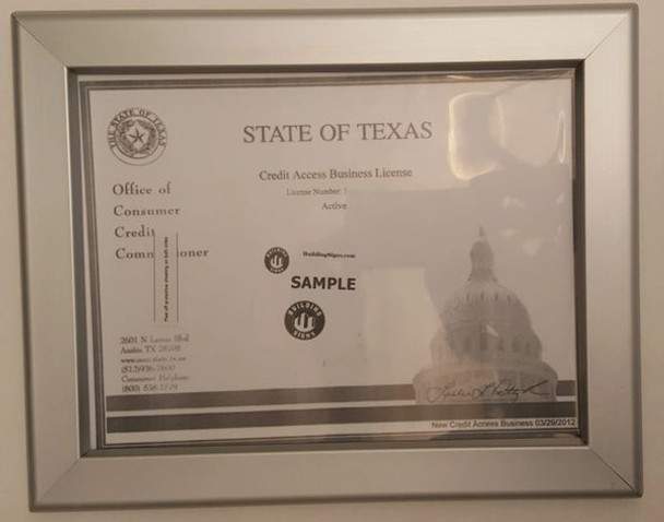 Business License Certificate Frame TX