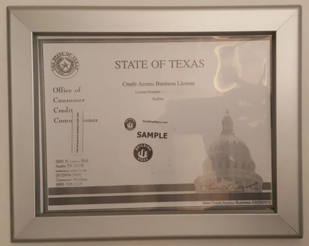 Business License Certificate Frame TX