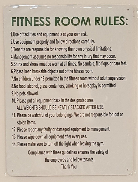 SIGNS FITNESS ROOM RULES SIGN- WHITE BACKGROUND