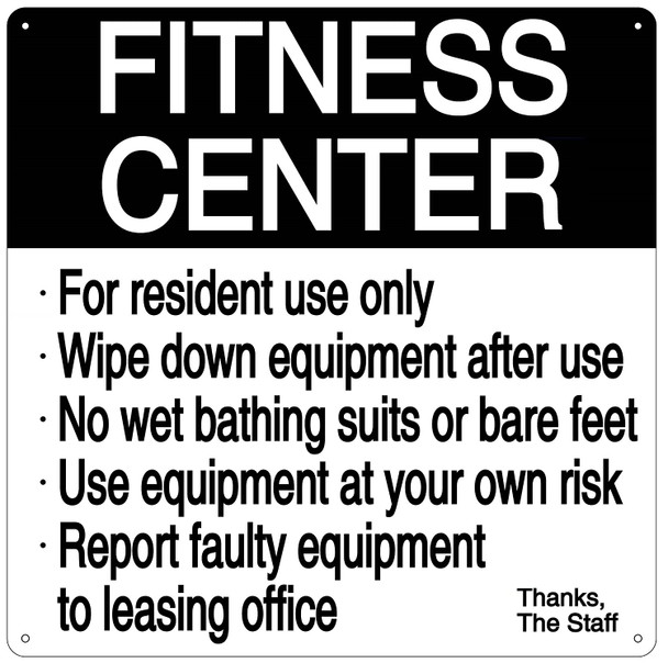 SIGNS FITNESS CENTER RULES SIGN (white, ALUMINUM