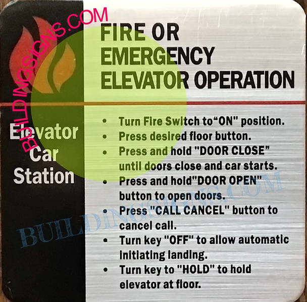 Signage Fire or Emergency Elevator Operation