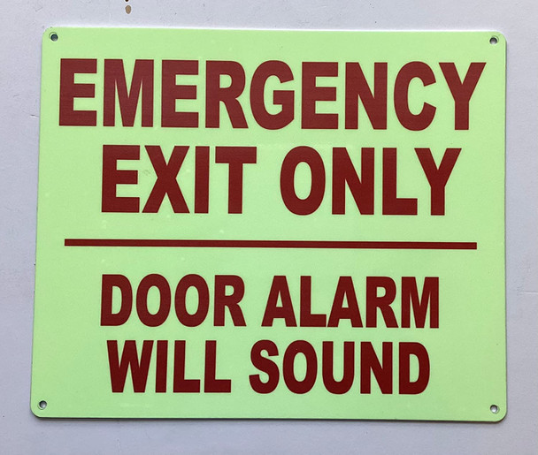 Photoluminescent EMERGENCY EXIT DOOR ONLY ALARM WILL SOUND Signage