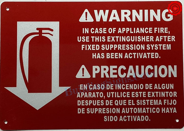 WARNING IN CASE OF APPLIANCE FIRE USE THIS EXTIMGUISHER Signage WITH ARROW DOWN Signage