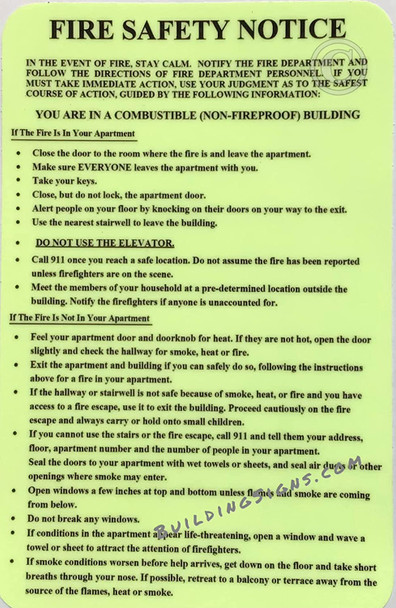 DOOR "FIRE SAFETY NOTICE" NON FIRE PROOF BUILDING