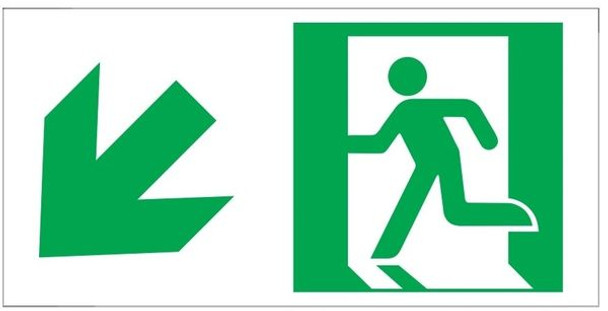 GLOW IN THE DARK HIGH INTENSITY SELF STICKING PVC GLOW IN THE DARK SAFETY GUIDANCE SIGN - "EXIT" SIGN 4.5X9 WITH RUNNING MAN AND DOWN LEFT ARROW