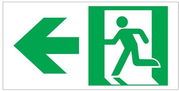 GLOW IN THE DARK HIGH INTENSITY SELF STICKING PVC GLOW IN THE DARK SAFETY GUIDANCE SIGN - "EXIT" SIGN 4.5X9 WITH RUNNING MAN AND LEFT ARROW